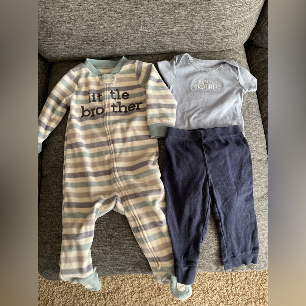 Carters Baby boy “little brother” outfit - 9 month striped fleece pjs, onesie